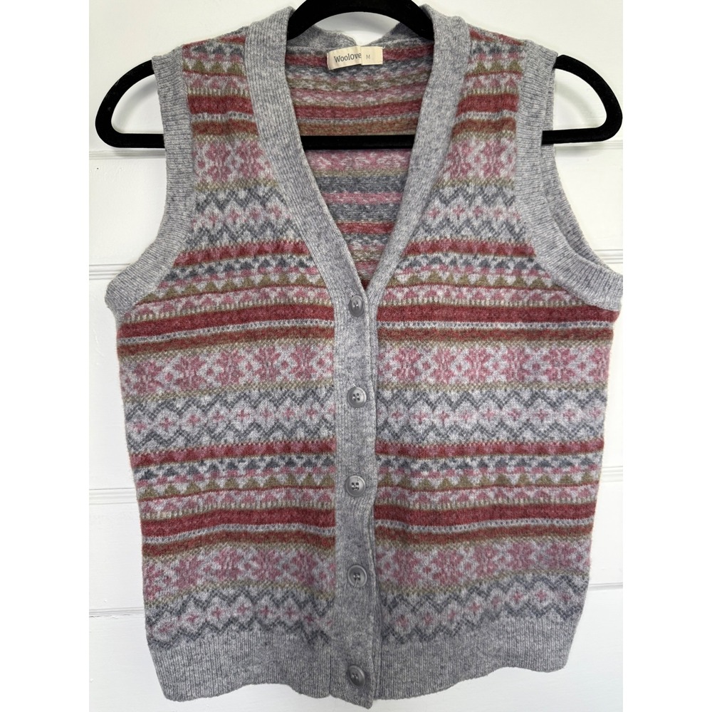 WoolOvers Womens Lambswool Fair Isle Sweater Vest Grey Pink V-Neck Cardigan M